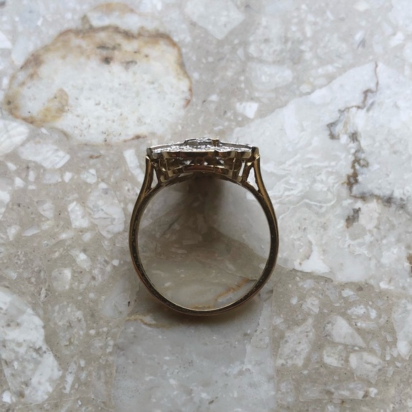 Art Deco Sapphire Ring Yellow Gold Lab Diamond Halo Vintage Ring - Picture 10 of 11